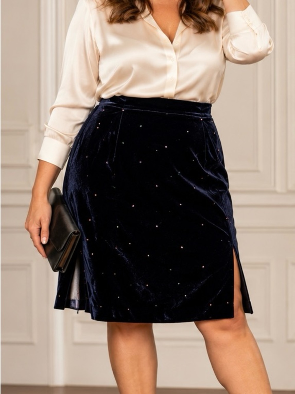 Vintage Y2K Ralph Lauren Navy Beaded Velvet Silk Blend Skirt 12 *